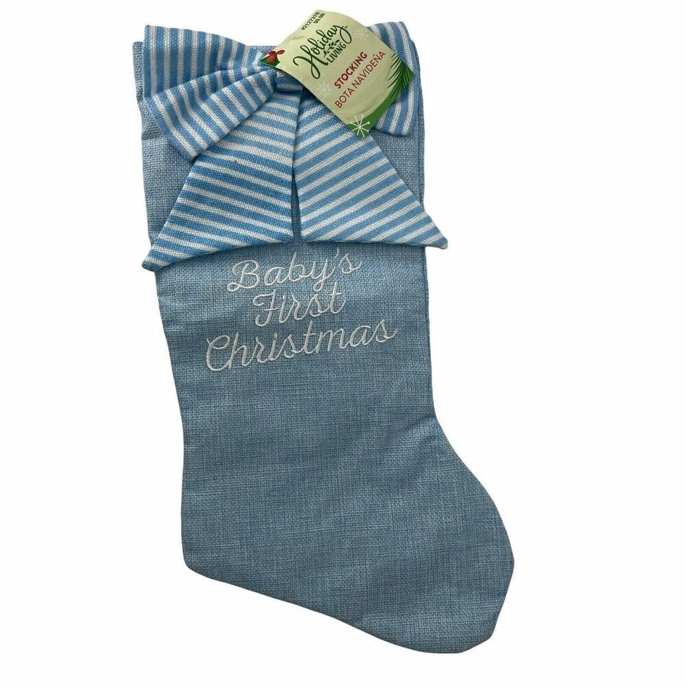 Babys First Christmas Stocking Blue Bow Brand New Baby Blue Baby Boy Holiday
